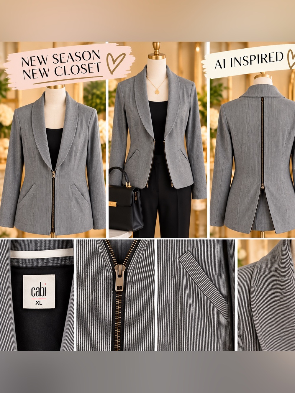 CAbi Grey Pinstripe Zip-Front Jacket Shawl Collar Size XL